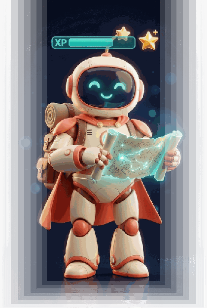 Maskot robot bengkel memegang peta quest